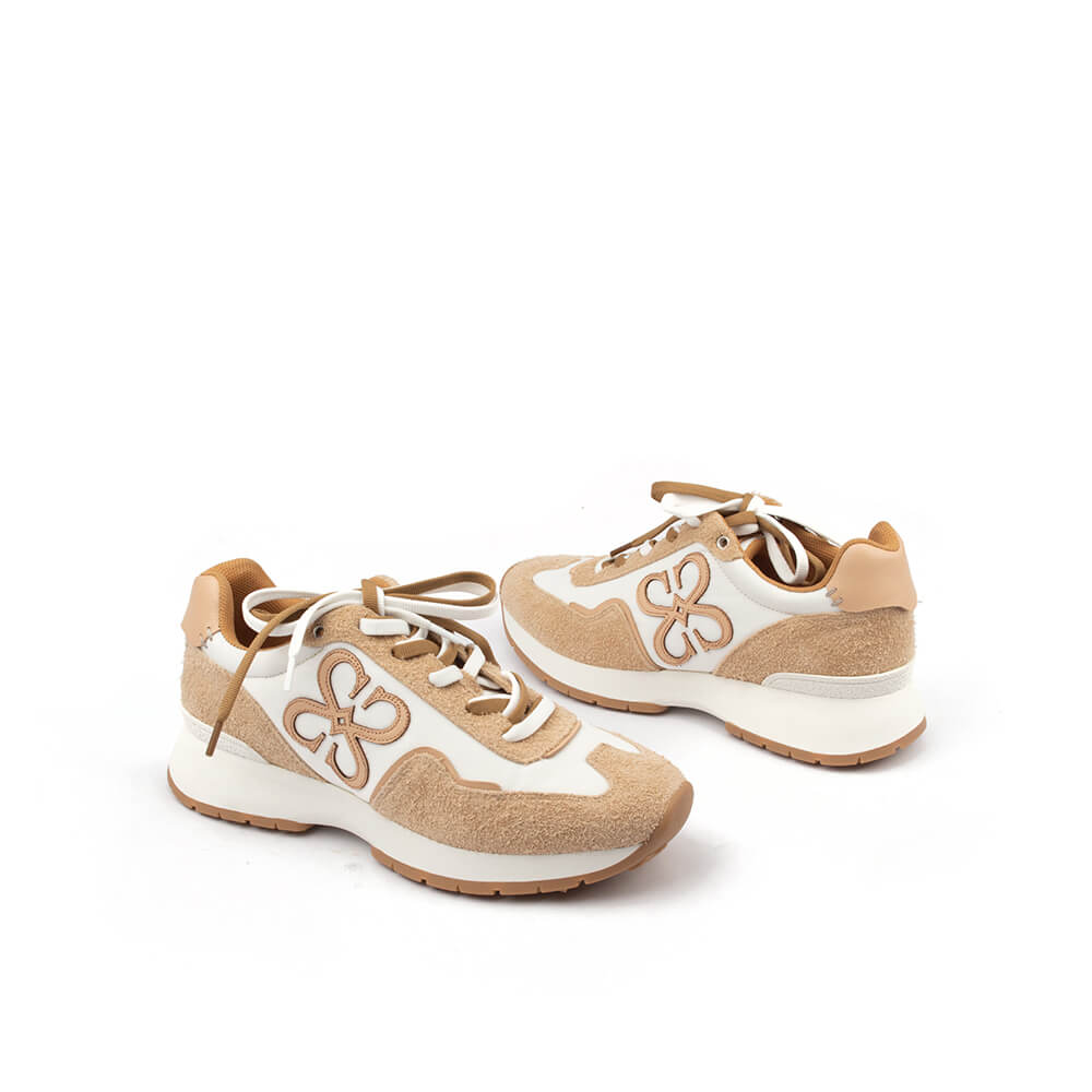 Warm beige nylon suede lace-up trainers nude HS logo Howard Shawn