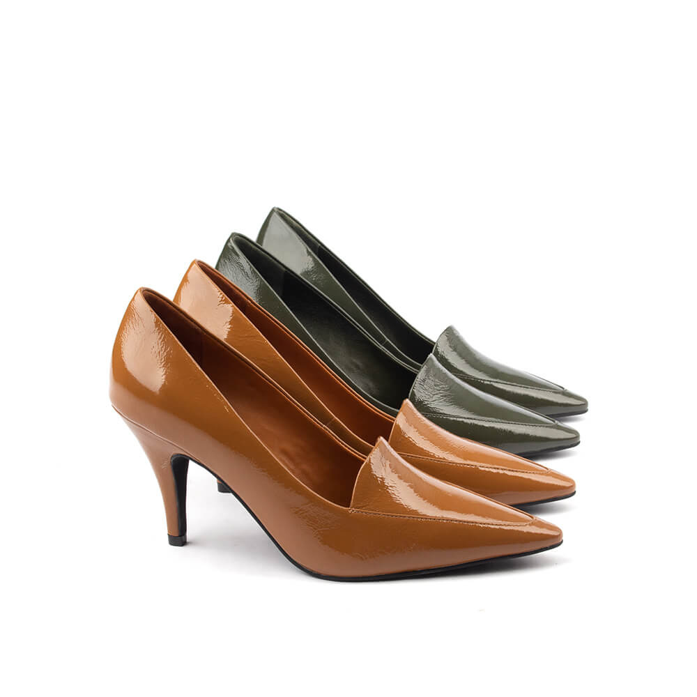 Warm caramel patent leather pointed toe stiletto pumps women court