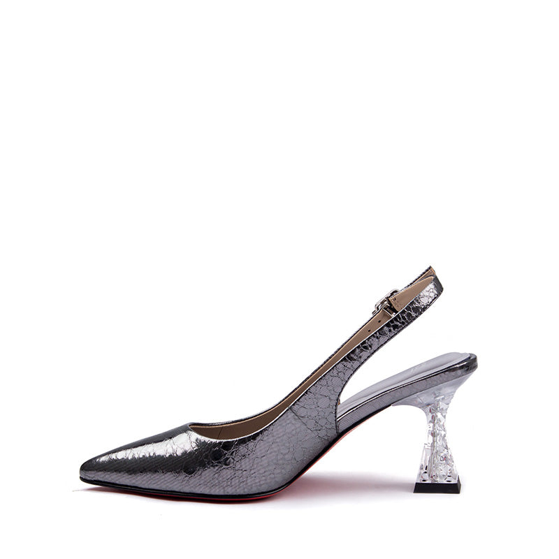 炫目的黑色圖案皮革水晶高跟涼鞋