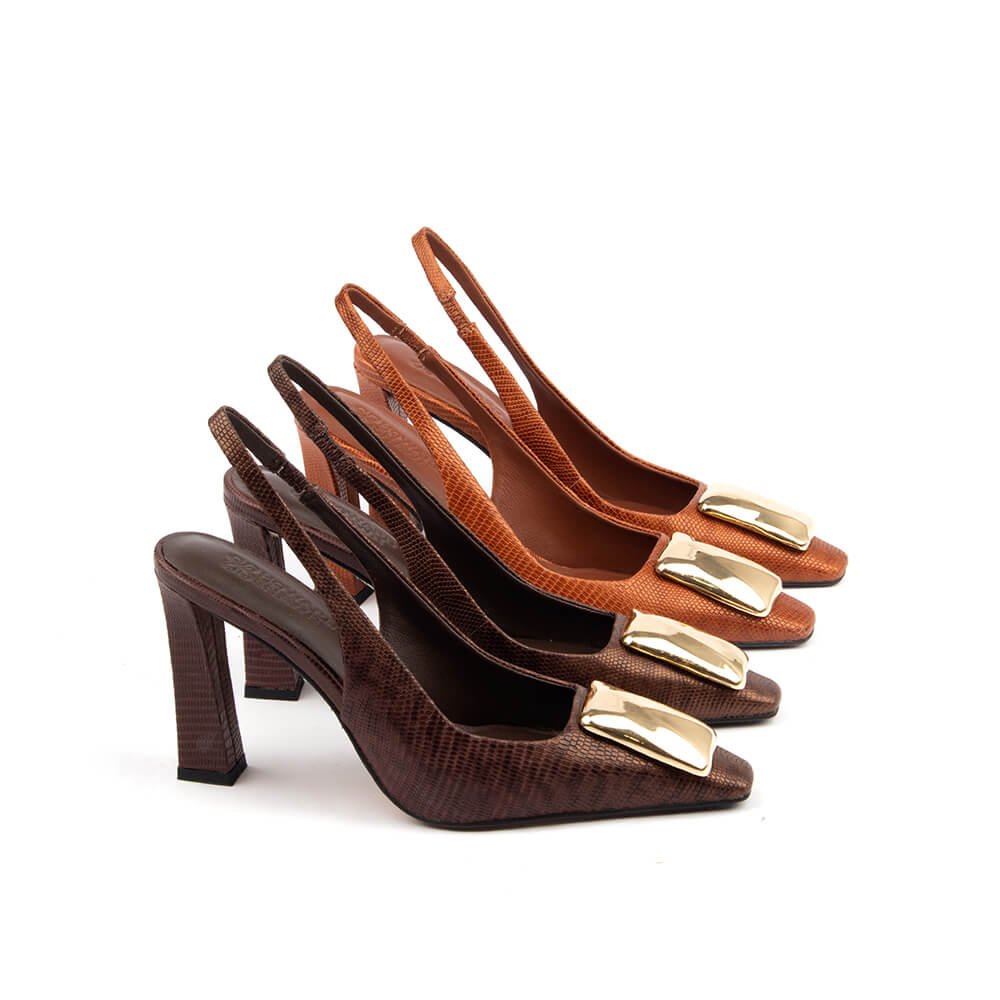 Reptile embossed rust orange slingback pumps gold hardware women