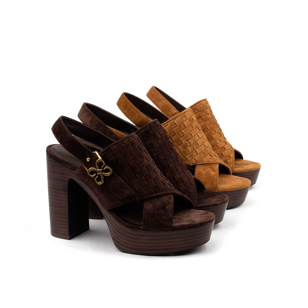 Cross-strap woven suede slingback platform heels warm cognac tan