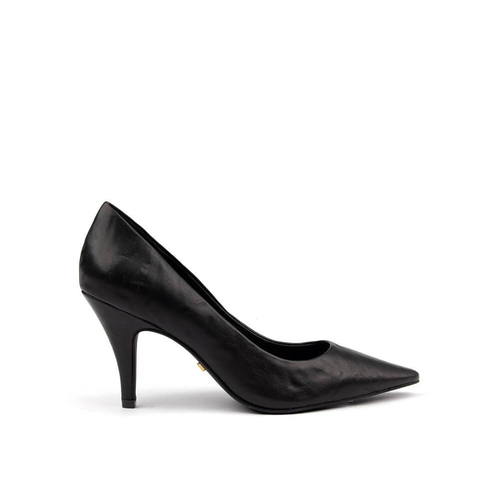 Women's midnight black leather pointed toe court pump mid heel