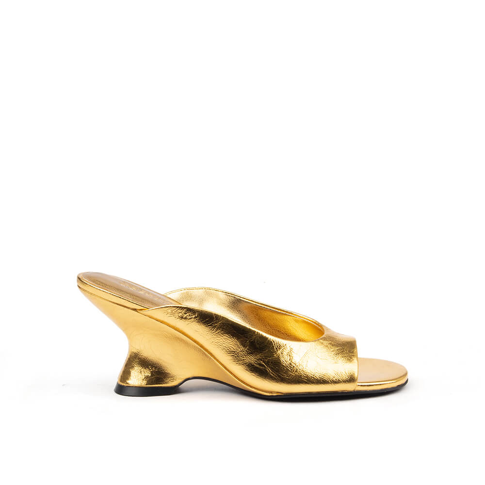 Women's pure gold metallic sculpted wedge mules crinkled foil leather
