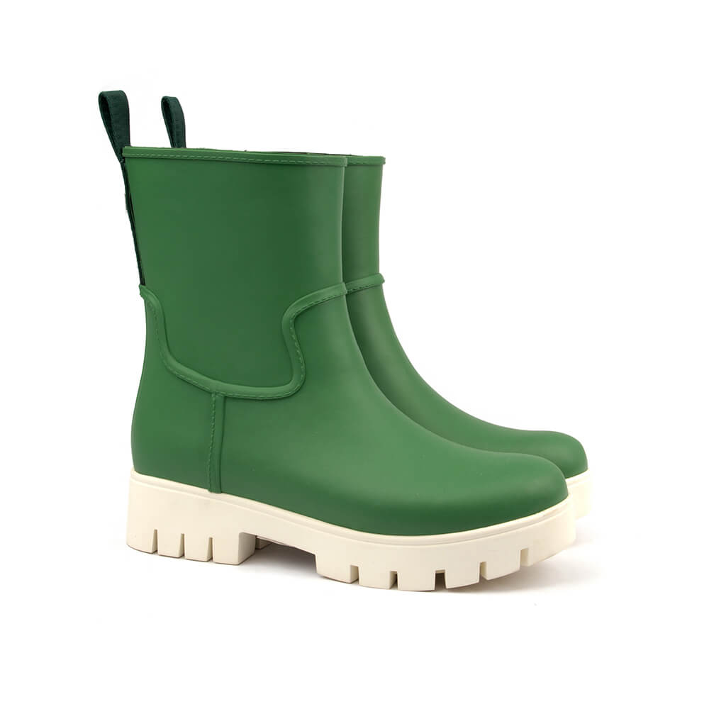 Forest green matte rubber mid wellington boots cream lug platform women