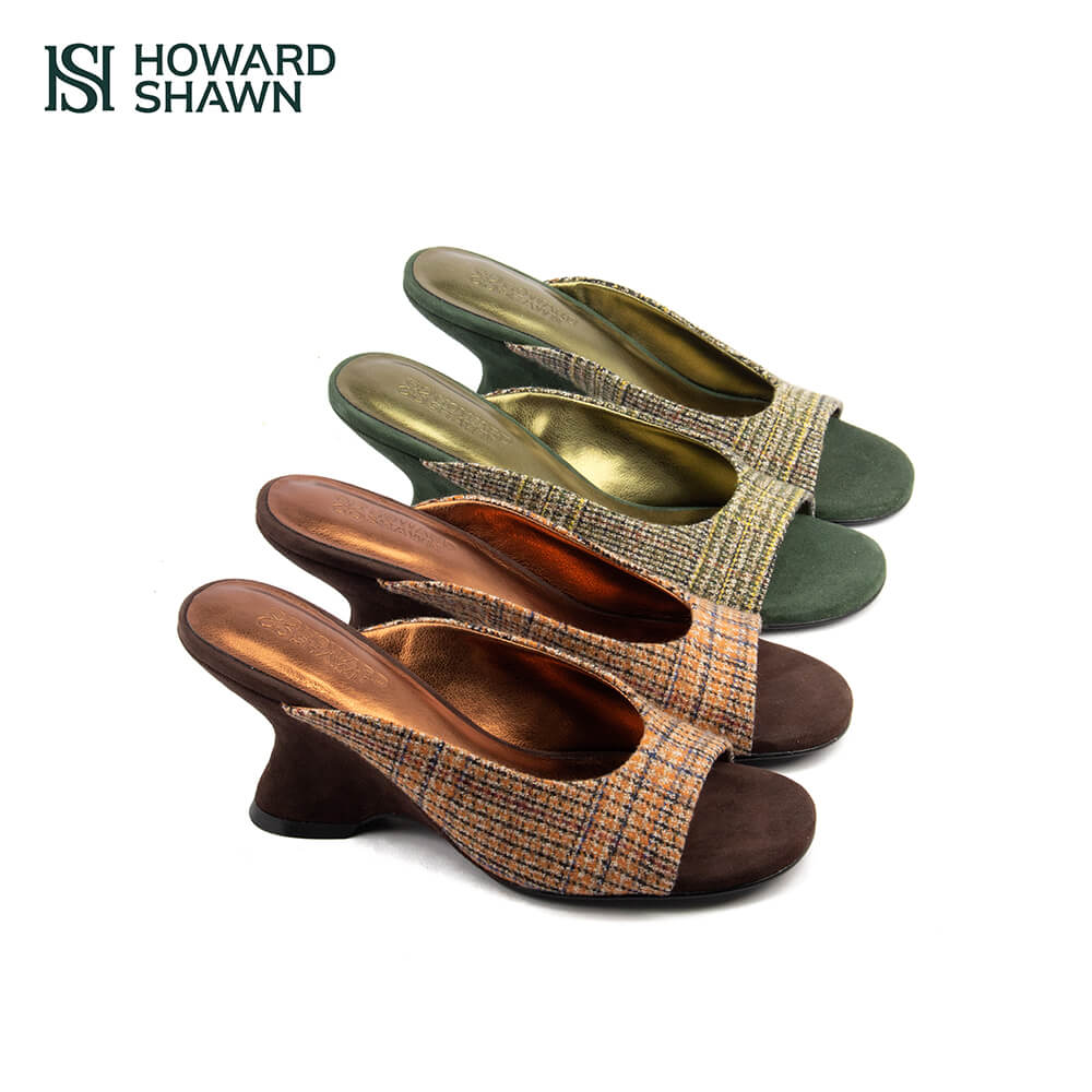 Multi-tone green rust tweed mules with sculpted forest green suede wedge