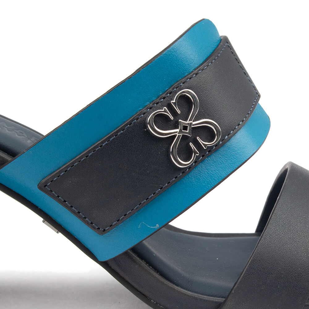 Women's slip-on block heel mules navy teal Howard Shawn HS logo