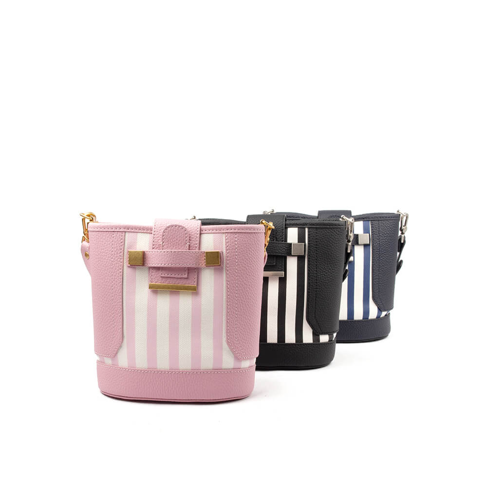 Structured mini bucket bag with monochrome stripe and signature brand logo