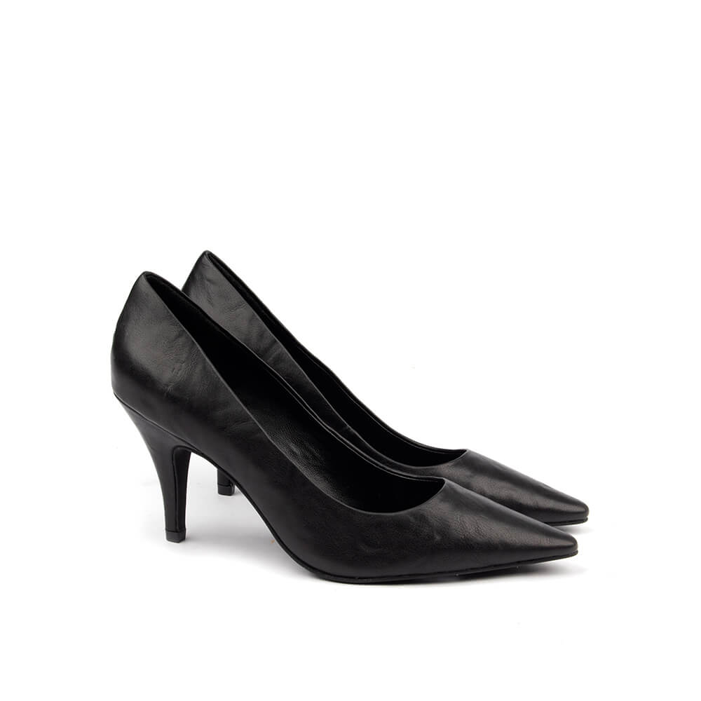 Classic black smooth leather court shoes women mid stiletto heel