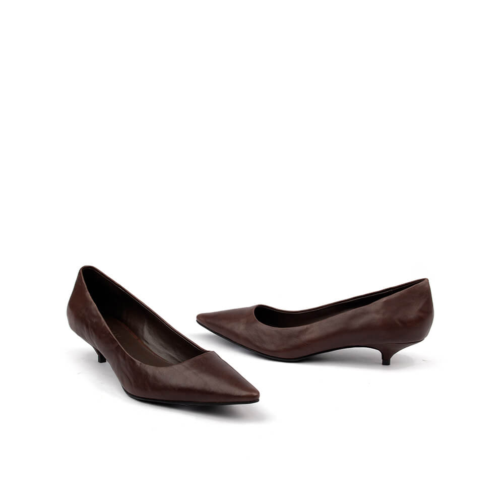 Women's work kitten heels dark chocolate brown leather pointed pump