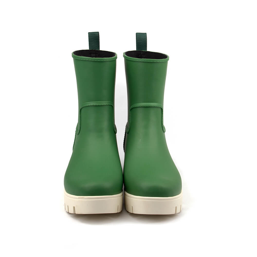 Green mid-calf rain boots cream chunky lug sole pull tab women