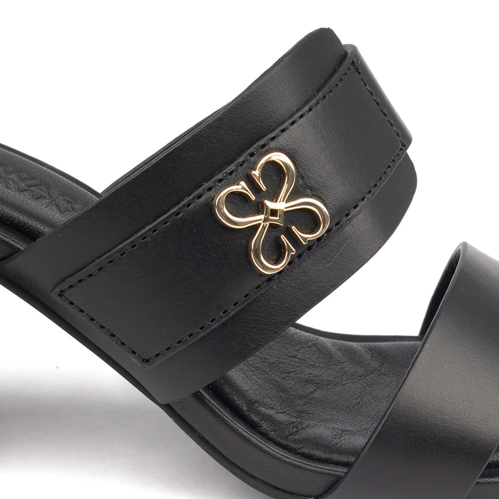 All black leather double band block heel mule sandals Howard Shawn