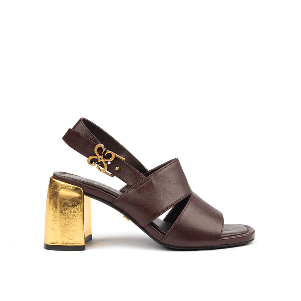 Howard Shawn dark chocolate gold block heel cross-strap sandals women