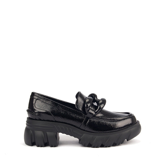 Black Patterned Leather Loafers with Big Buckle