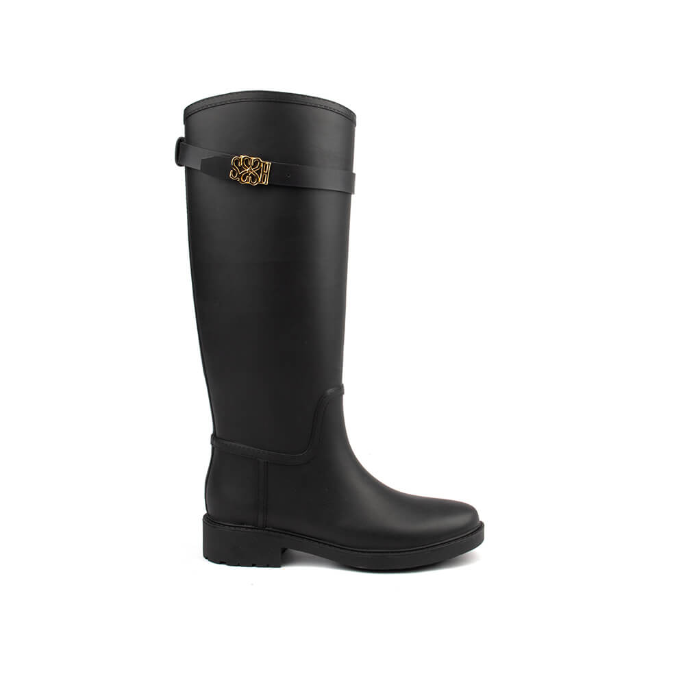 Howard Shawn matte black knee-high rain boots gold HS logo buckle