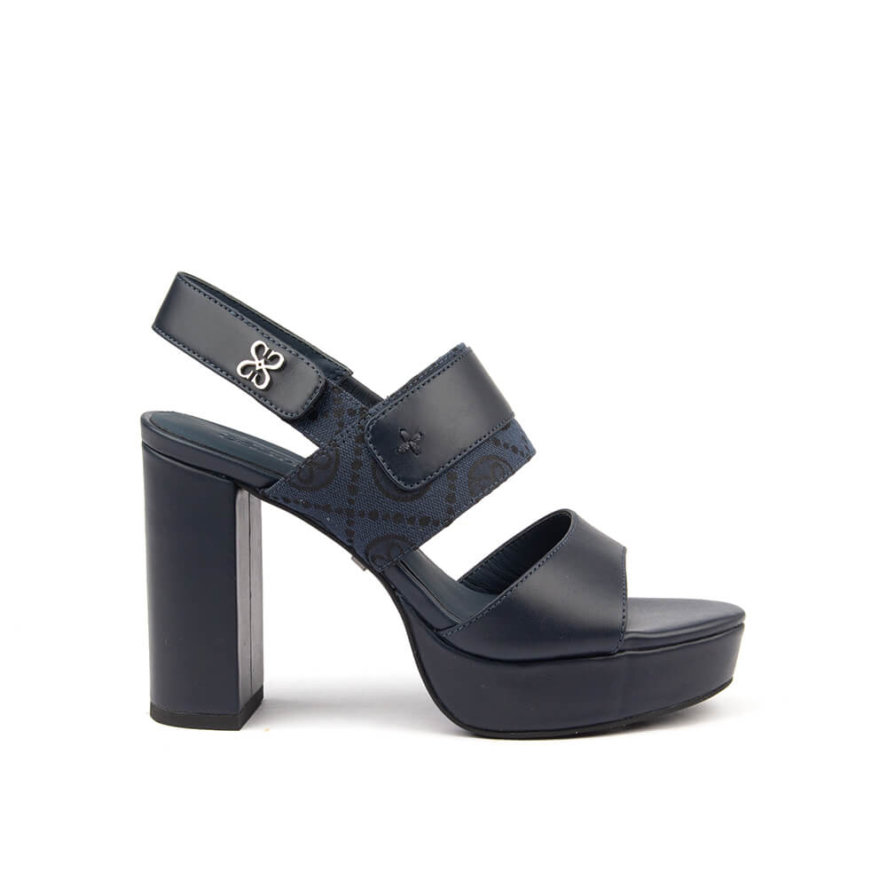 Women's navy monogram double strap platform block heel sandals