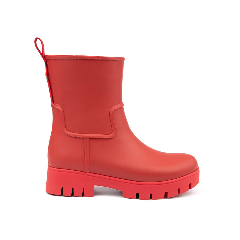 Women's cherry red chunky lug sole mid rain boots matte rubber