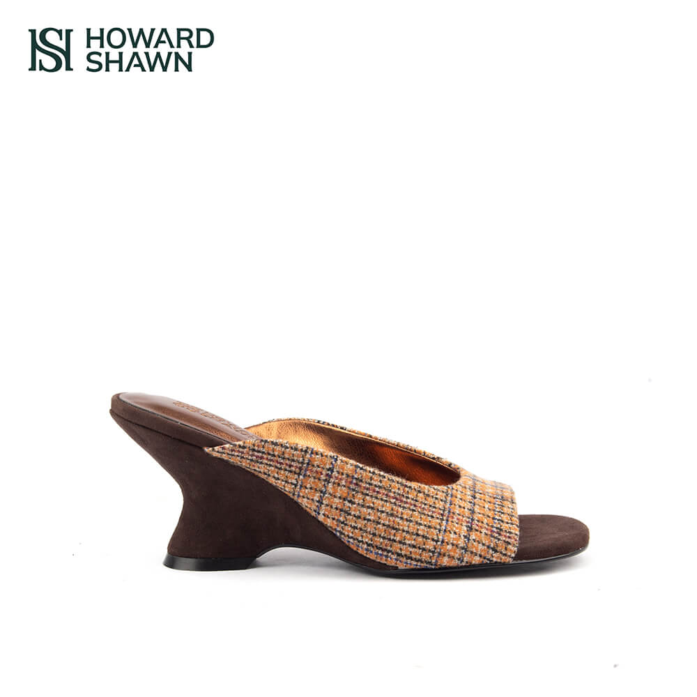 Women's amber plaid tweed suede sculpted wedge mules open toe