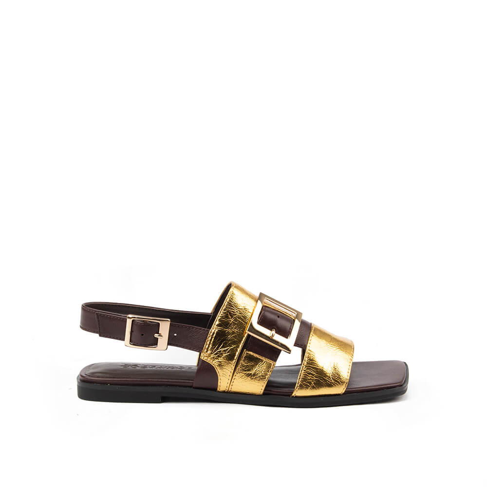 Howard Shawn gold double buckle flat sandals dark chocolate slingback