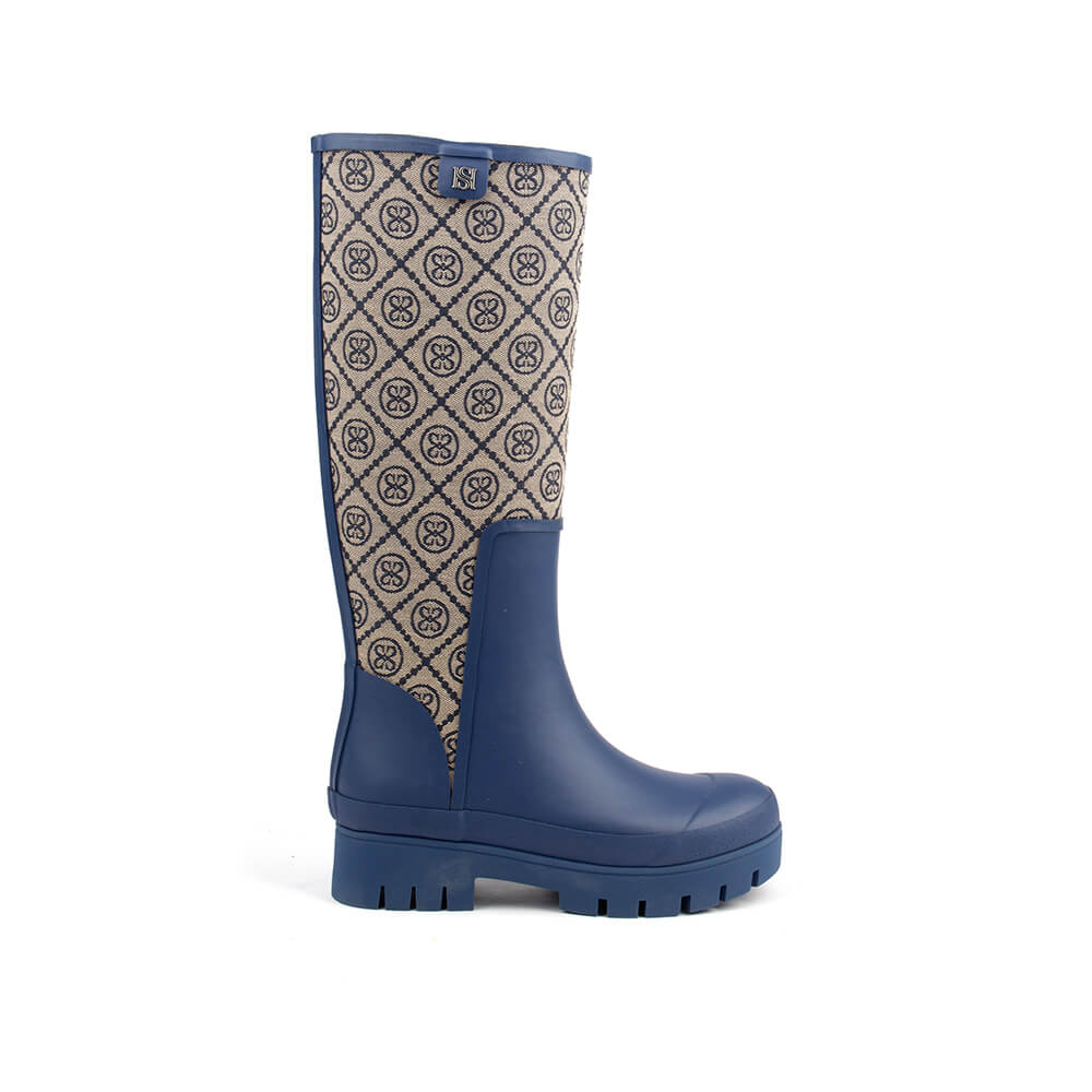 Howard Shawn sand monogram knee-high rain boots beige HS jacquard navy