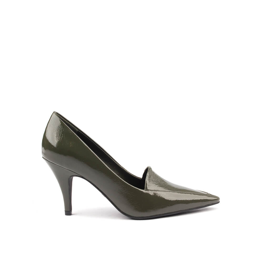 Women's olive patent leather pointed toe court pumps mid stiletto heel