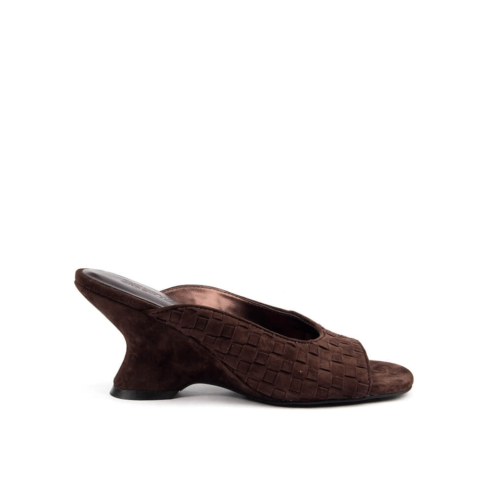 Women's dark truffle woven suede sculpted wedge mules intrecciato
