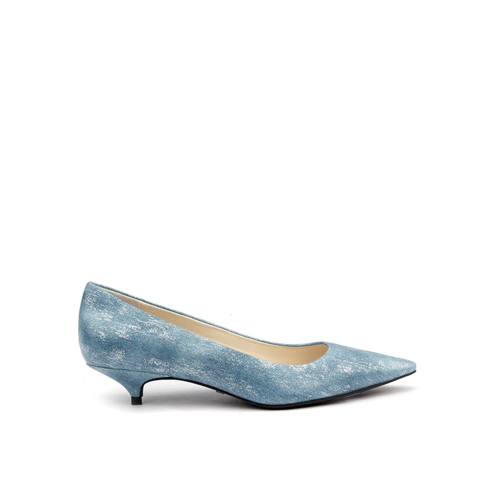 Women's ice shimmer blue metallic kitten heel court shoes pointed toe