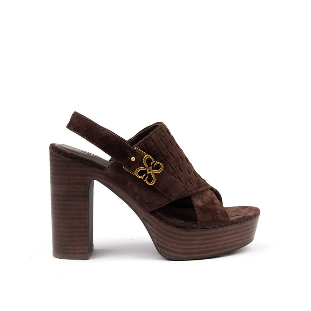 Women's dark truffle woven suede platform block heel sandals brown