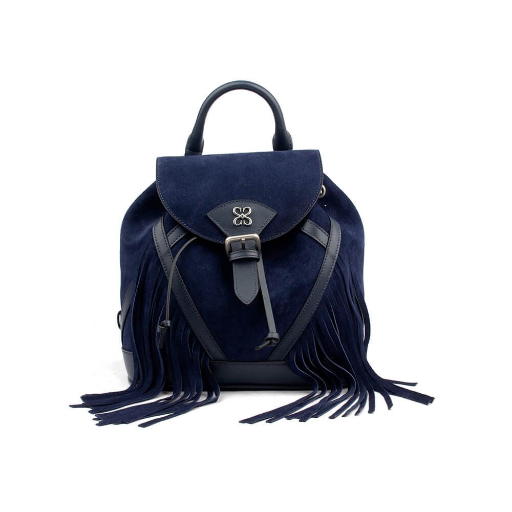 Suede fringe backpack in midnight navy with buckle flap and logo hardware