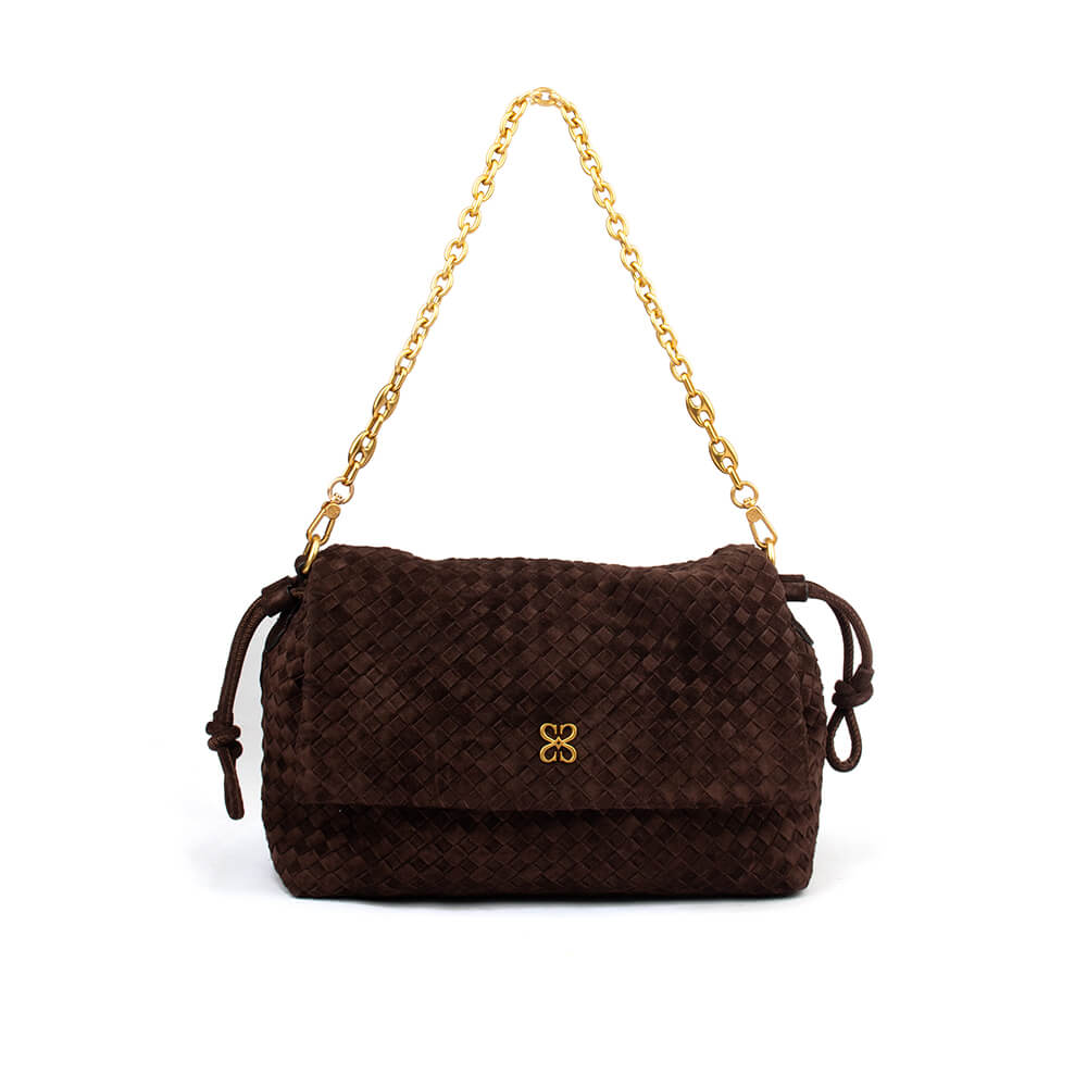 Women's dark truffle woven suede shoulder bag gold chain strap