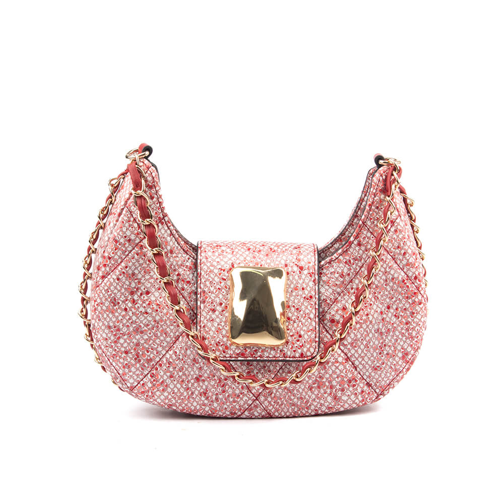 Pink tweed crescent shoulder bag with gold chain strap and gold buckle clasp