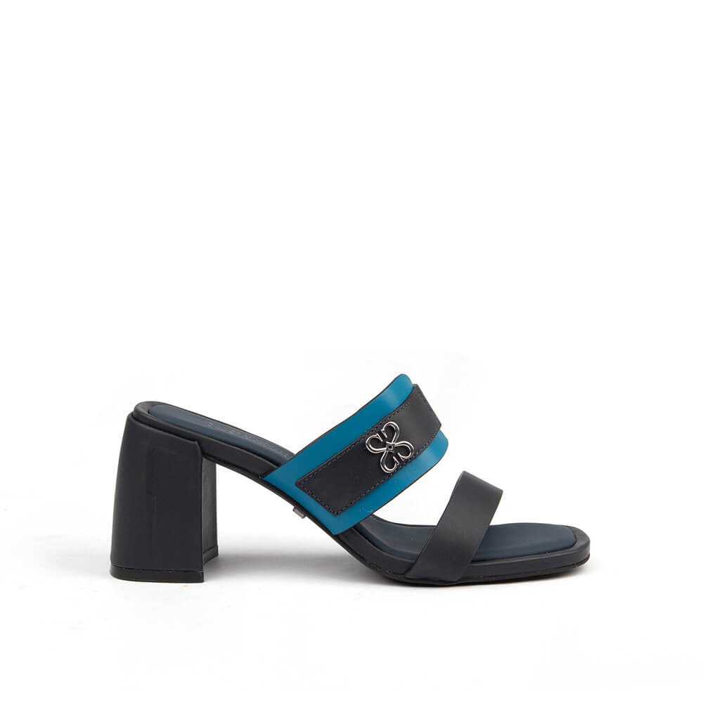 Howard Shawn navy teal split double strap block heel mules women