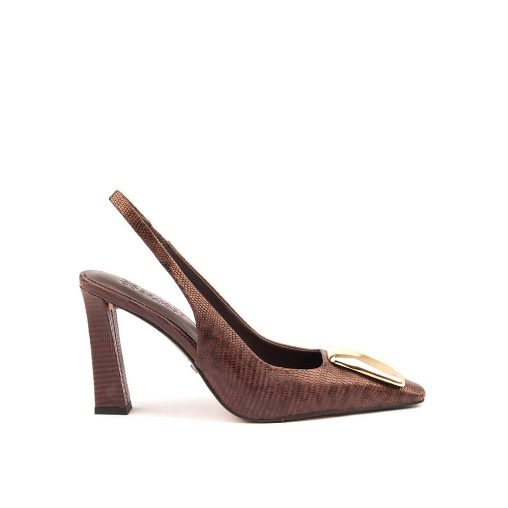 Women's dark mocha lizard print block heel slingback pumps gold bar