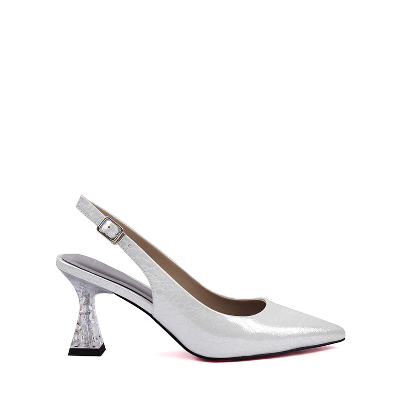 耀眼白色圖案皮革水晶高跟露跟鞋