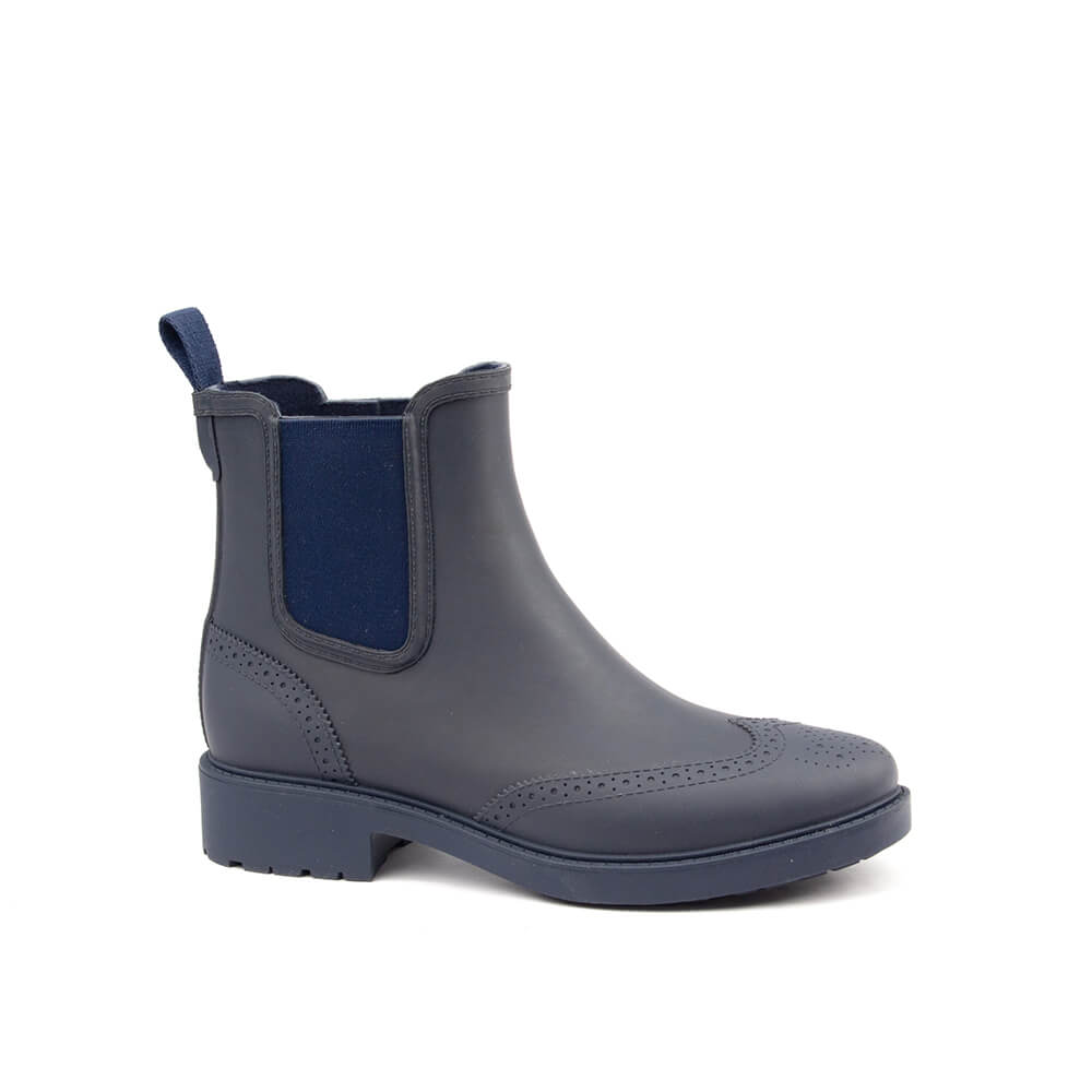 Navy brogue rain boots Chelsea silhouette elastic gusset women