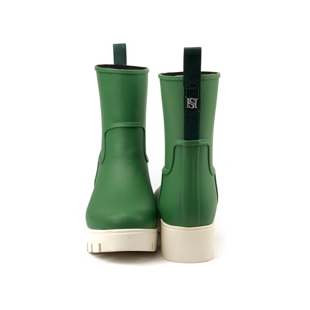 Women's green rubber rain boots matte cream lug platform waterproof