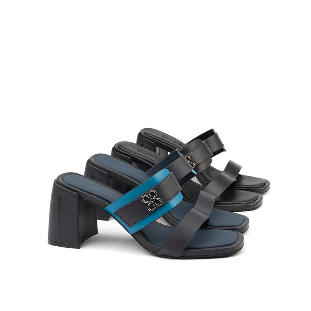 Howard Shawn classic black mules double strap gold HS logo hardware
