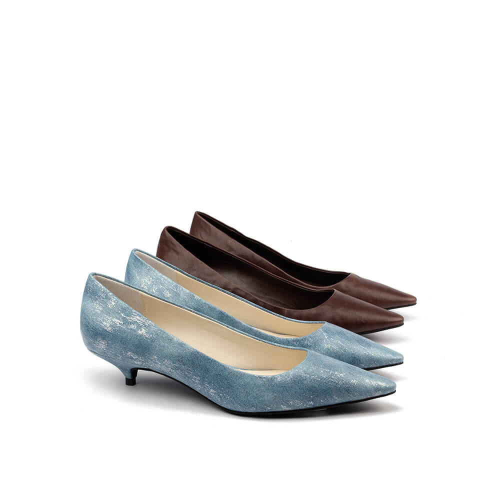 Smooth brown leather low heel pointed court shoes women kitten heel