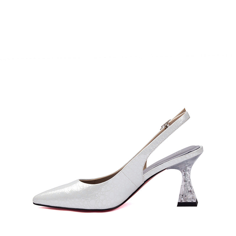 Dazzling White Pattern Leather Crystal Heel Slingbacks