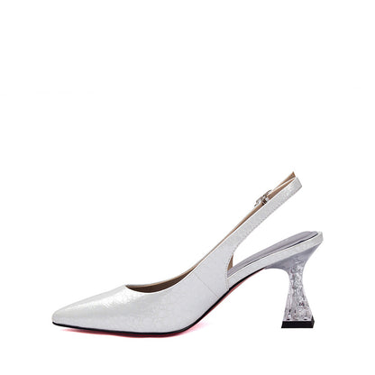 Dazzling White Pattern Leather Crystal Heel Slingbacks