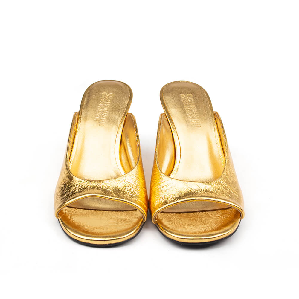 Crinkled gold foil leather slip-on wedge mules sculpted heel women