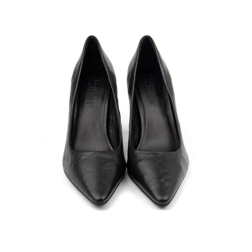 Black leather pointed toe court pumps women mid heel office work