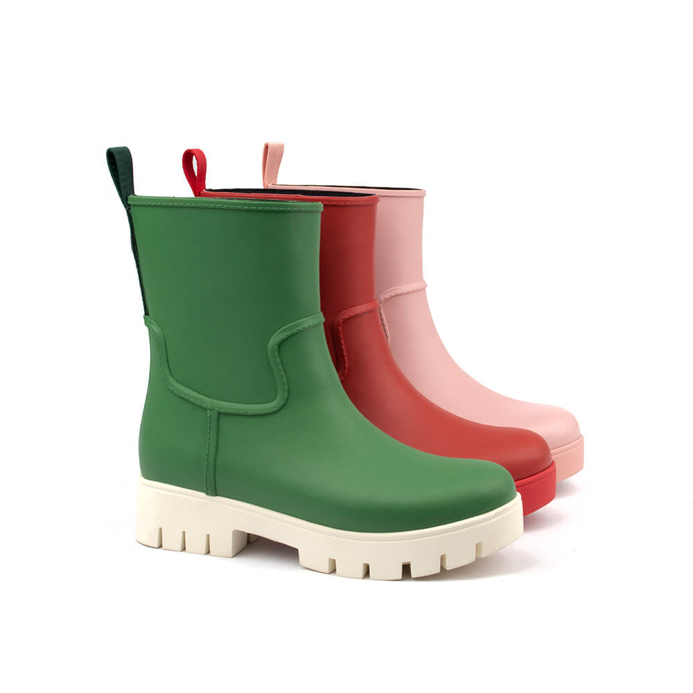 Women's colour block rain boots garden green cream sole mid-calf