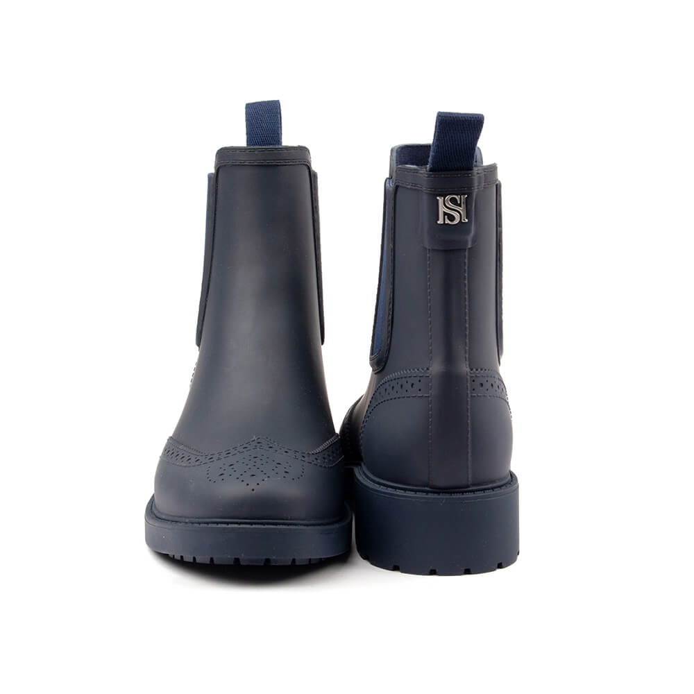 Navy rubber ankle rain boots brogue wingtip lug sole matte women