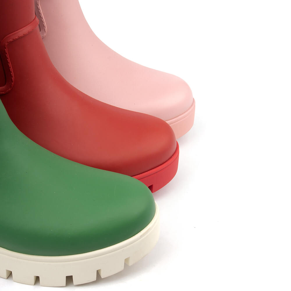 Forest green matte wellington boots mid-calf cream lug platform women