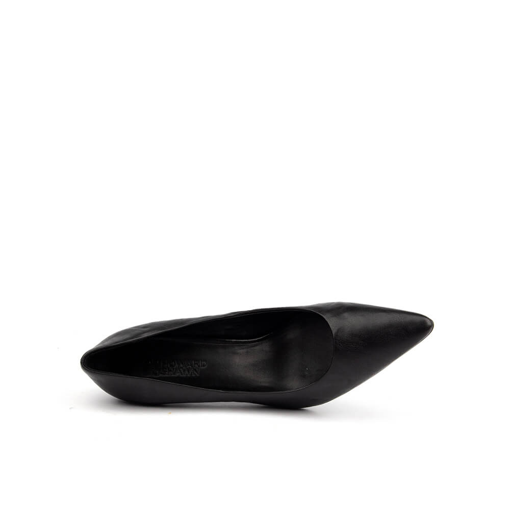 Smooth black leather mid heel pointed court shoes women stiletto
