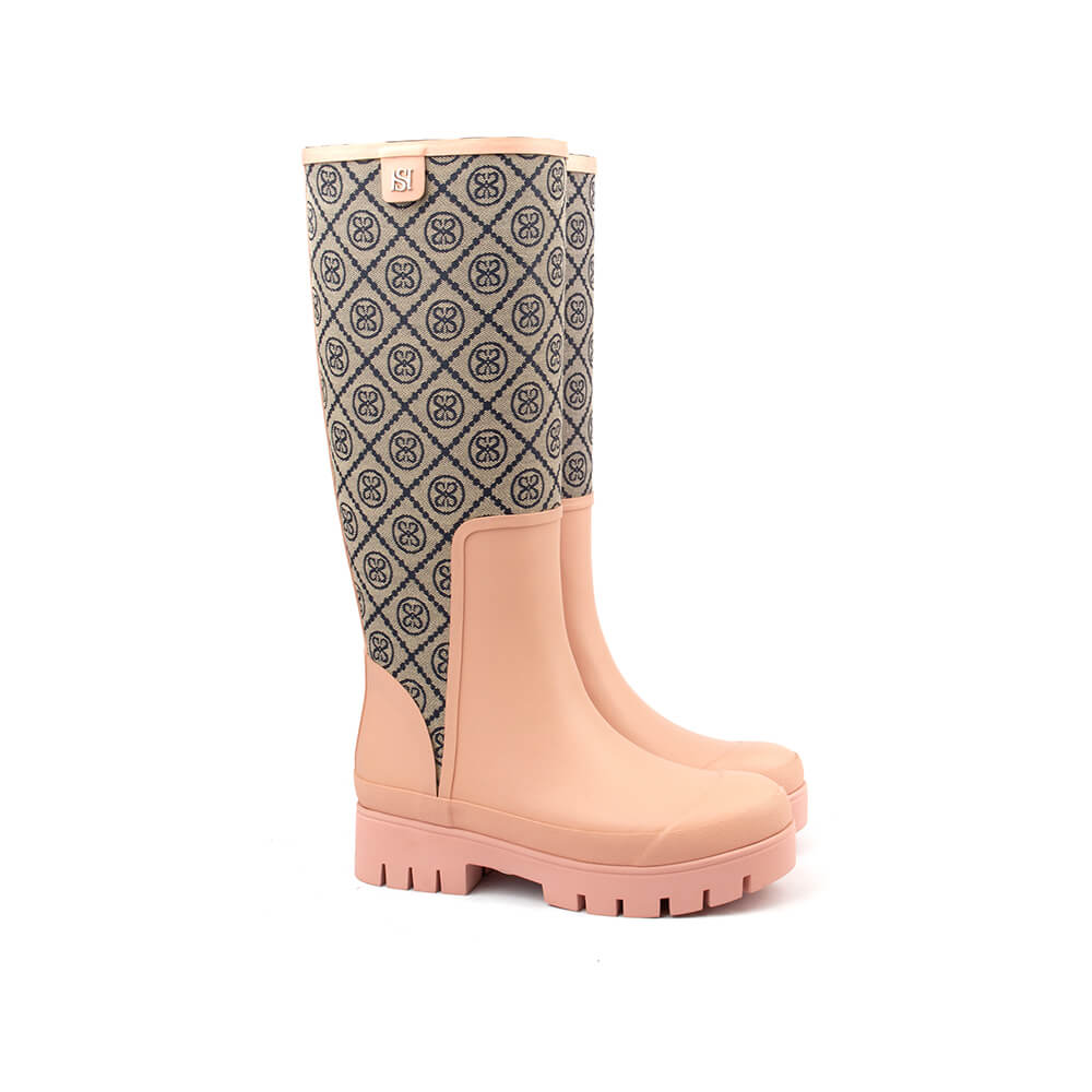 Blush pink HS monogram jacquard knee-high rain boots lug sole women