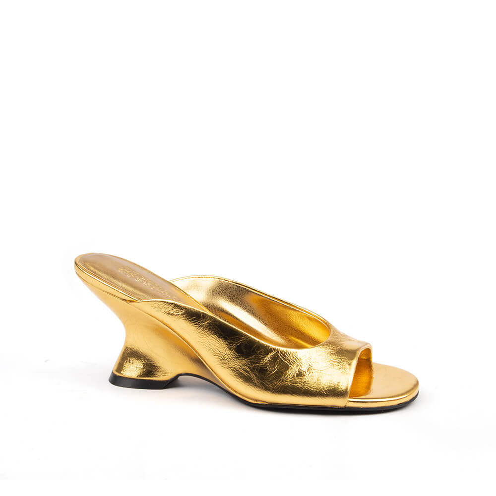 Gold metallic leather slip-on wedge mules women sculpted curved heel
