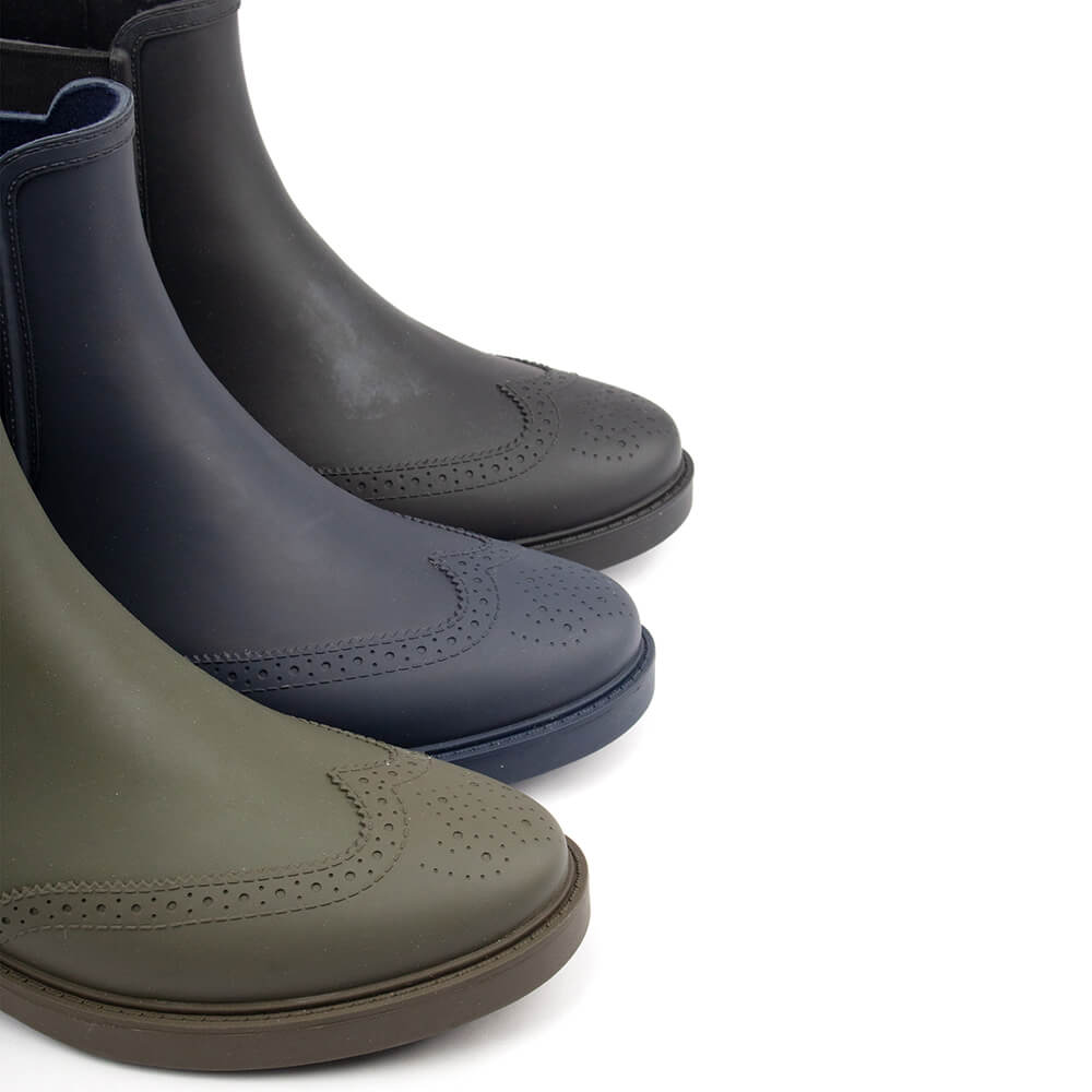 Women's fashion rain boots navy blue Chelsea brogue perforations