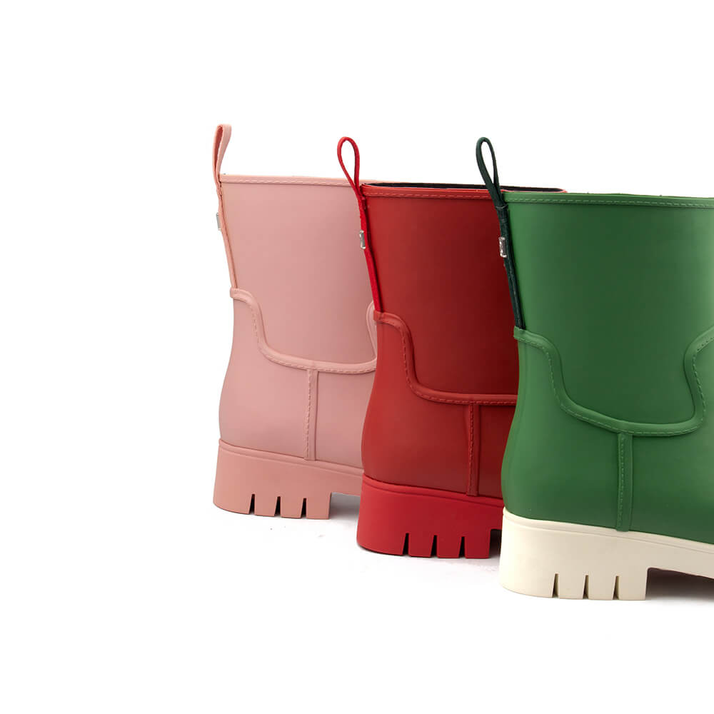 Green matte rubber mid rain boots pull tab cream chunky sole women