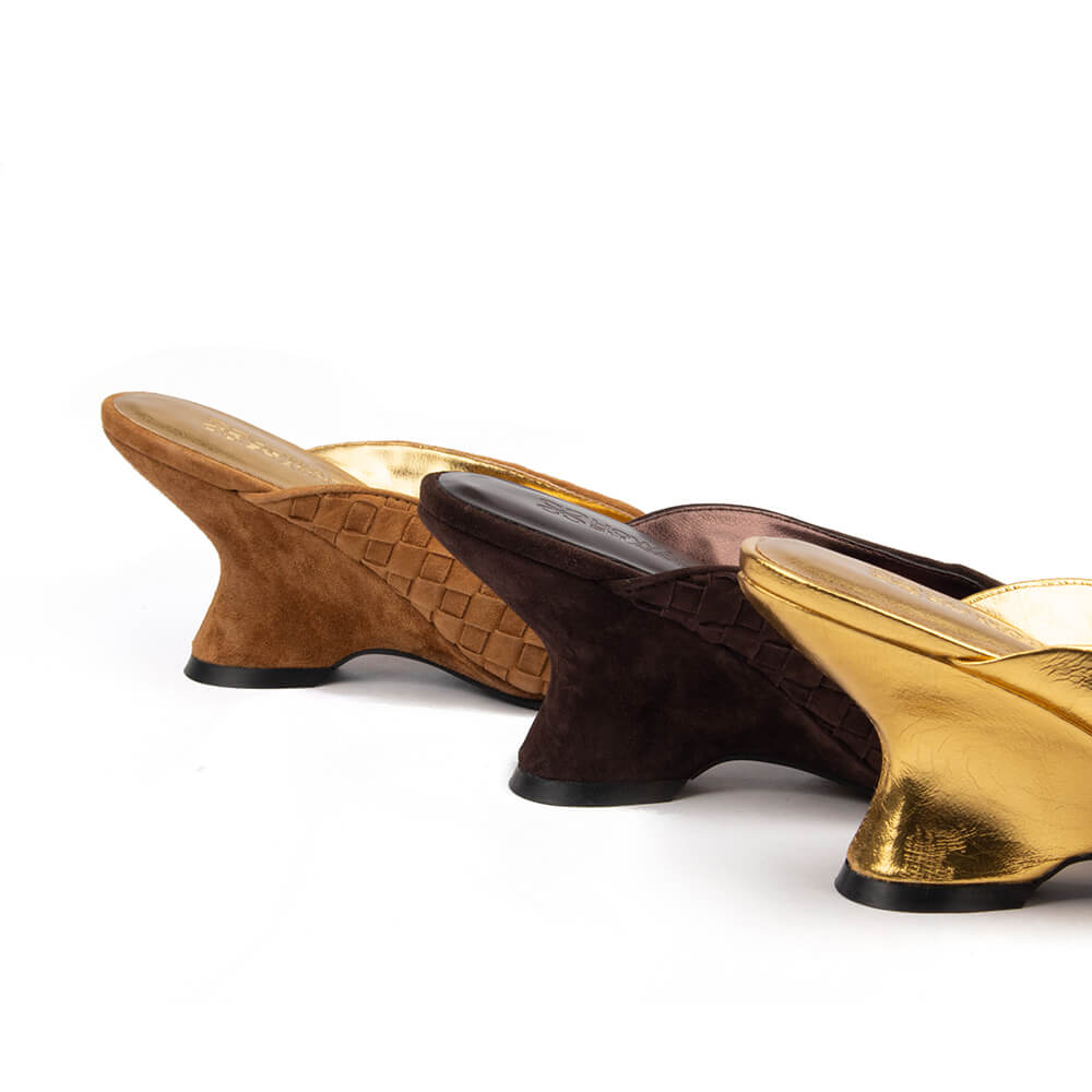 Women's occasion gold mules crinkled foil leather sculpted wedge